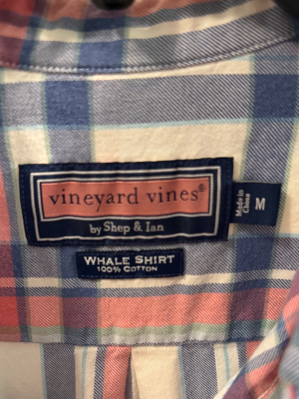 Men’s Whale Fit Vineyard Vines Blue, Pink, Green & White Plaid Button-Down Shirt - Picture 5 of 5